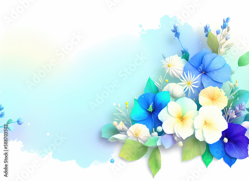 White and blue flowers on a white-blue background. Empty space for text.