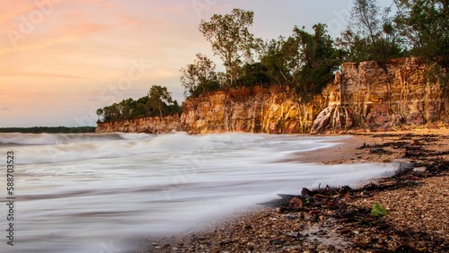 Long exposure view of sea waves reaching the wild shore with botanical plants at sunrise