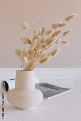 Still life with dried natural bunny tail grass in vase, an open magazine on white table. Copy space. 