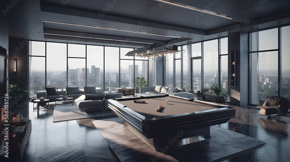internal design with pool table in a amazing penthouse living room, 3d render, generative ai internal design with pool table in a amazing penthouse living room, 3d render, generative ai