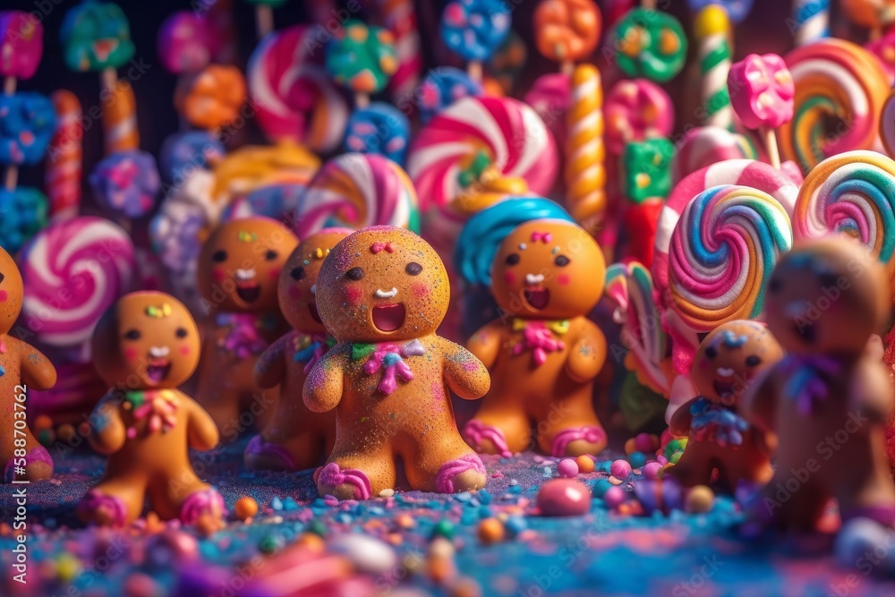 Illustration of a colourful whimsical candy land with gingerbread people created with Generative AI technology