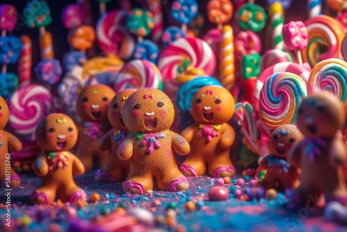 Illustration of a colourful whimsical candy land with gingerbread people created with Generative AI technology