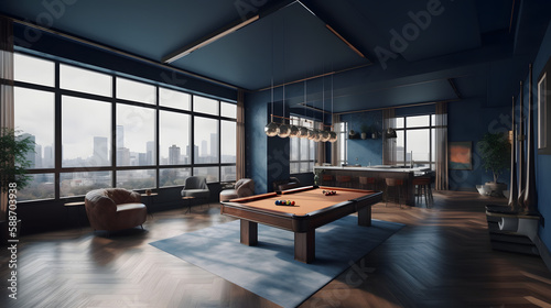 internal design with pool table in a amazing penthouse living room, 3d render, generative ai © Nicola