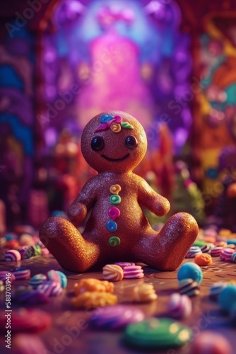 Illustration of a colourful whimsical candy land with a gingerbread house and gingerbread man created with Generative AI technology
