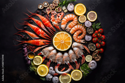 top view of seafood board with oysters, shrimp, fish on black background, close up, created with Generative AI technology