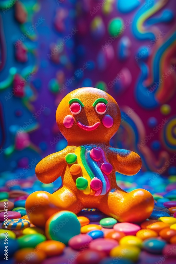Illustration of a colourful whimsical candy land with a gingerbread house and gingerbread man created with Generative AI technology