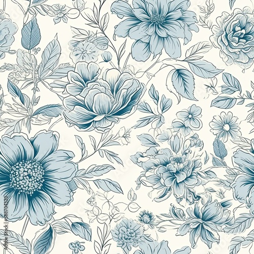 floral, white, blue, drawing, beautiful, elegant, seamless pattern, flowers, vintage, Generative AI