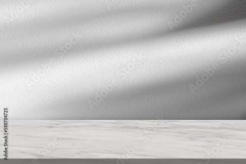 Concrete Wall Texture with Leaves Shadow on Marble floor Background,Empty White,Grey Cement Studio Room with Marble Top,Backdrop background Spring,Summer Cosmetic Product Display,Mockup Presentation