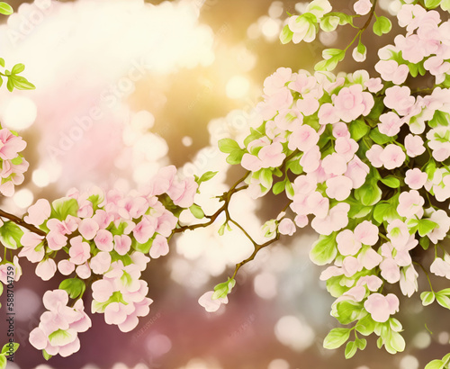 Fresh branch of flowers on a light pastel background. Empty space for text.