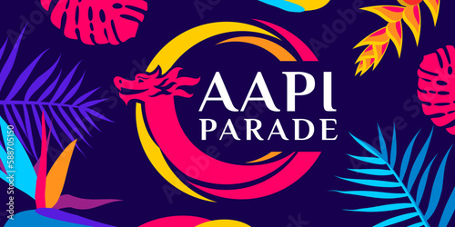 Asian American and Pacific Islander (AAPI) Parade. Vector banner for social media, card, flyer. Illustration with text, tropical plants. Asian Pacific American Heritage Month horizontal composition