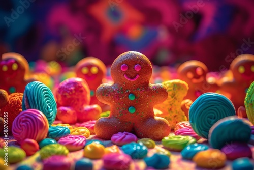 Photo of a vibrant assortment of colourful ginger bread people up close created with Generative AI technology