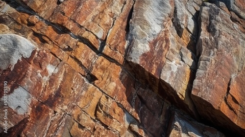 Brown rock texture with cracks close-up rough mountain surface. Stone granite background for design nature