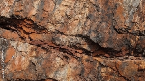 Brown rock texture with cracks close-up rough mountain surface. Stone granite background for design nature