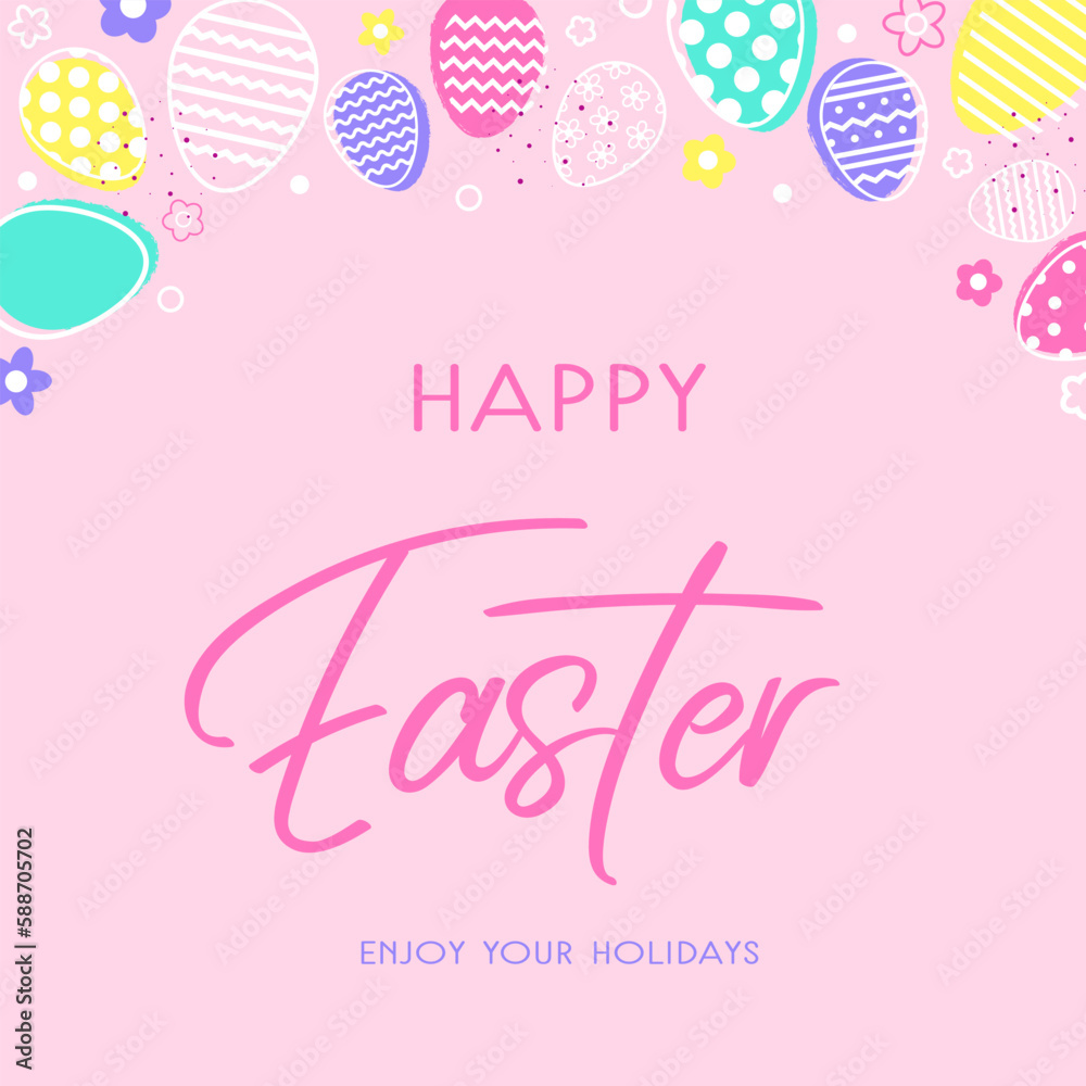 Colourful Easter greeting card with eggs and flowers. Abstract design for Easter. Vector illustration