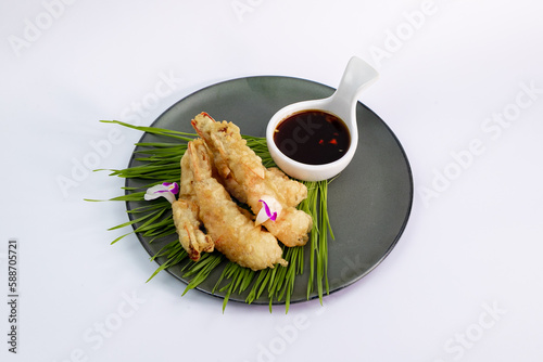 Batter-Fried Prawns in plate isolated white background