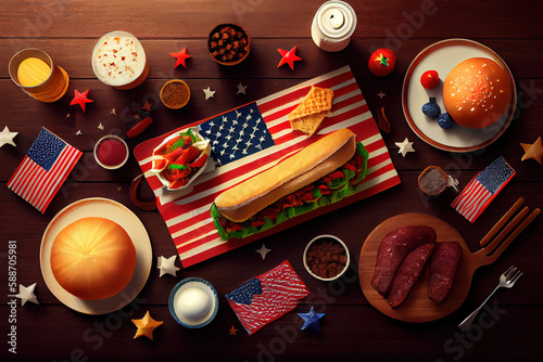 Table with food for USA 4th July Independence Day, copy space. Generative Ai