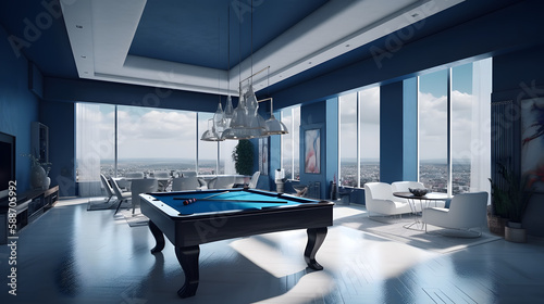 internal design with pool table in a amazing penthouse living room, 3d render, generative ai  © Nicola