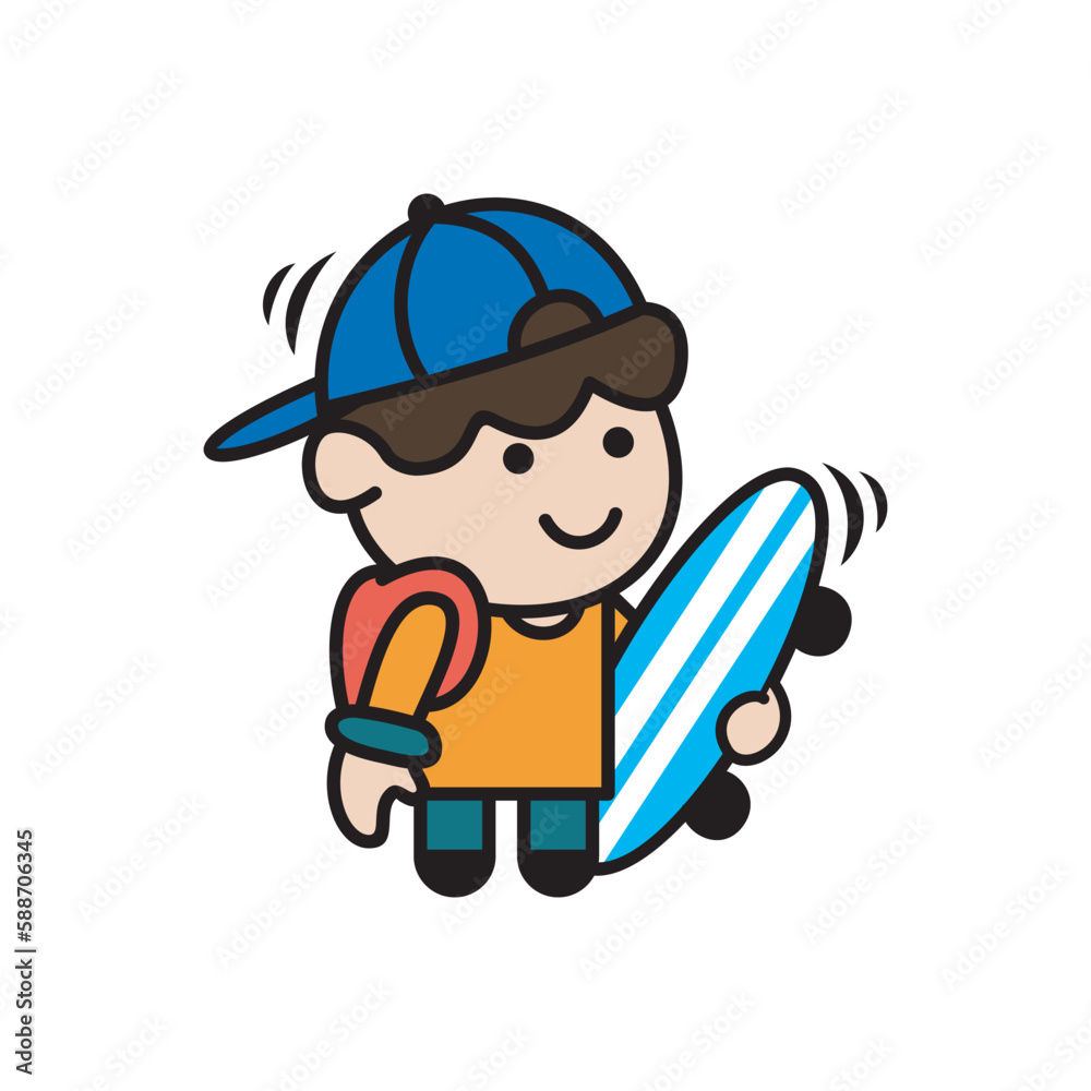 Little cute boy with skateboard character cartoon vector