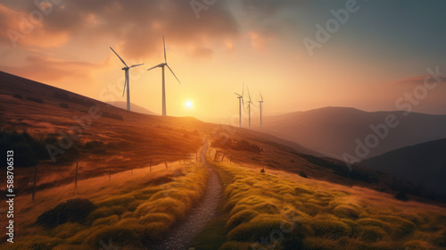 beautiful landscape with renewable energy and wind turbines on mountain. generative ai