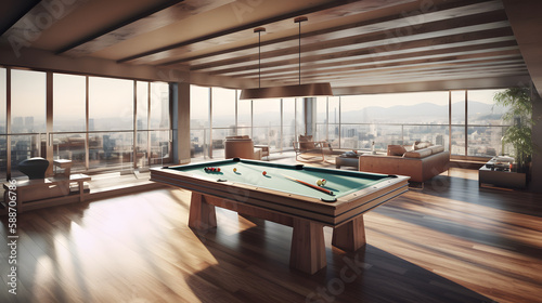 internal design with pool table in a amazing penthouse living room, 3d render, generative ai 