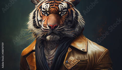 dressed tiger with a serious expression face. Generative ia