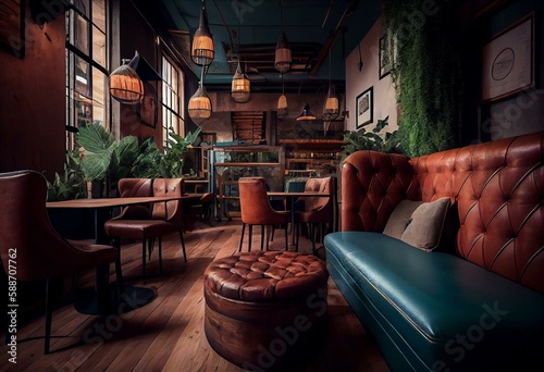 Tableau sur toile Living room of a restaurant with a sofa that runs around the entire perimeter with industrial style furniture made of wood and metal with a green floor, a tv hanging on the wall
