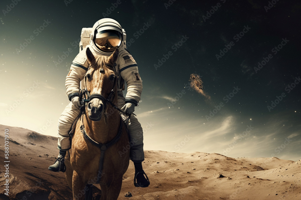Fototapeta premium Cosmonaut or astronaut on a horse on the moon walking in space. Funny concept for astronomy and exploration. Ai generated