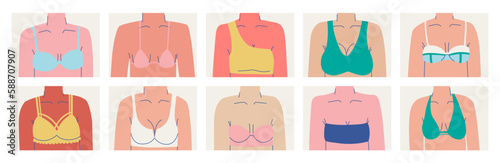 Set of various female busts in bras or bathing tops. Upper female body in underwear. Concepts of body positivity and trendy underwear. Vector illustration for design.