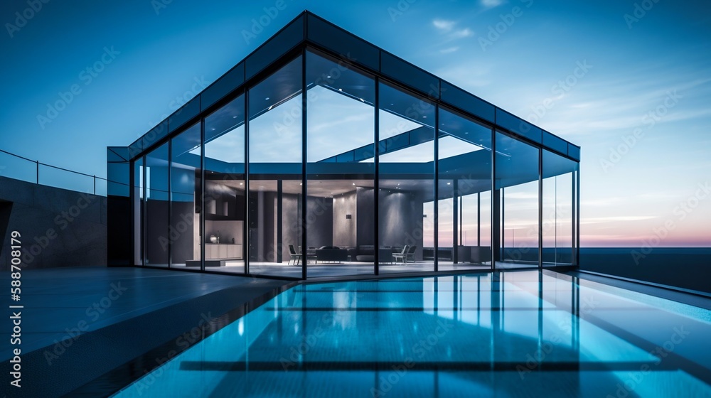 Fototapeta premium Modern house architecture with glass walls and swimming pool. Generative AI