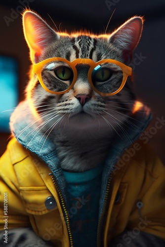 Cat character portrait wearing sunglasses and clothes. Generative AI
