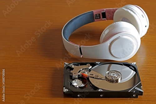 A wireless headset next to a computer hard drive. Technology. photo