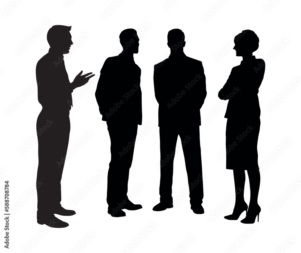 Business group people standing and talking together full length vector silhouette. Business team meeting discussion silhouette.