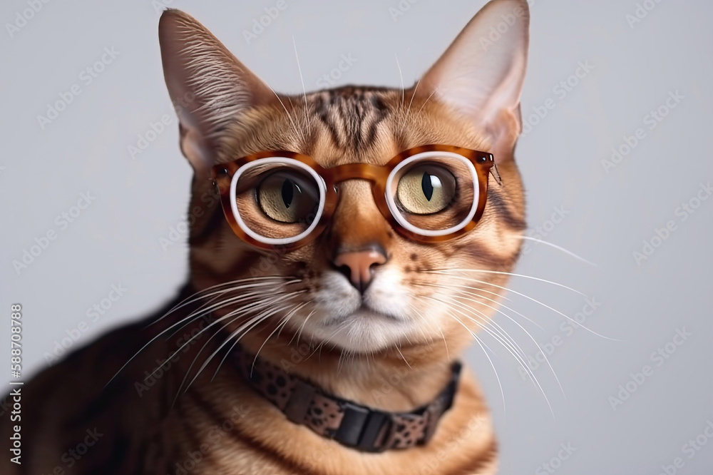 Bengal Cat Wearing Eyeglasses, Generative AI