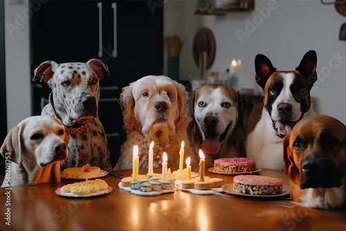 dogs with party hats celebrating birthday. Generative AI