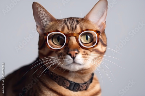 Bengal Cat Wearing Eyeglasses, Generative AI