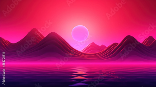 Synthwave wallpaper with sunset between mountaints. Pink and red landscape