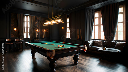 internal design with pool table in a amazing penthouse living room, 3d render, generative ai	