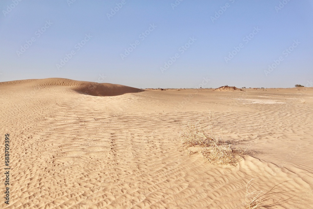 Scenic view of desert against sky under the clear blue sky with the sun shining bright