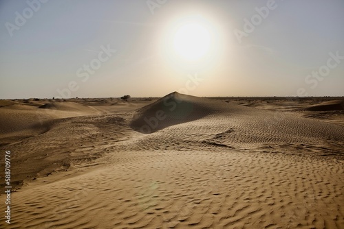Fototapeta Naklejka Na Ścianę i Meble -  Sand dunes in a desert with a sunlight in the background