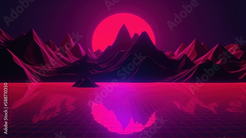 Synthwave wallpaper with sunset between mountaints. Pink and red landscape