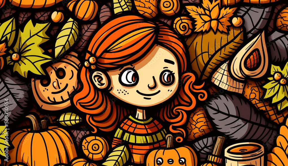 Cartoon cute doodles autumn seamless pattern Generative AI