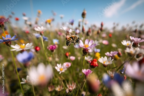 flowers in the field with bee in the center of the picture