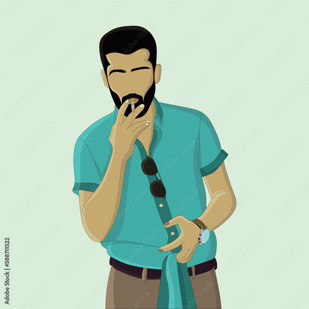 flat design of smoking man with  wearing wristwatch