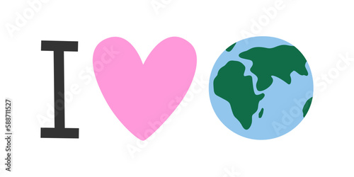 Hand drawn cute cartoon illustration of I love planet Earth lettering phrase. Flat vector Earth day, environment protection design in colored doodle style. Ecology sticker, icon or print. Isolated.