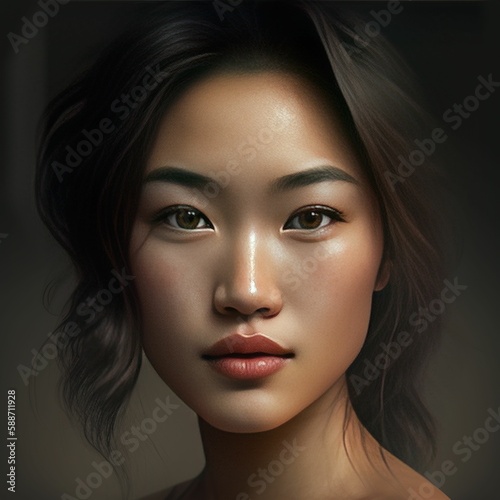 Illustration of a young Asian woman with brown hair and clear skin staring directly into the camera
