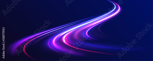 Dynamic composition of bright lines forming lights track of speed movement, futuristic dark background with neon glow, graphic design element