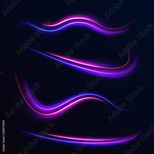 Luminous bright background. High speed effect motion blur night lights blue and red. Magic shining neon light line trails. Purple glowing wave swirl, impulse cable lines. Long time exposure. Vector 