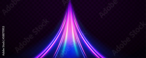 Luminous bright background. High speed effect motion blur night lights blue and red. Magic shining neon light line trails. Purple glowing wave swirl, impulse cable lines. Long time exposure. Vector	