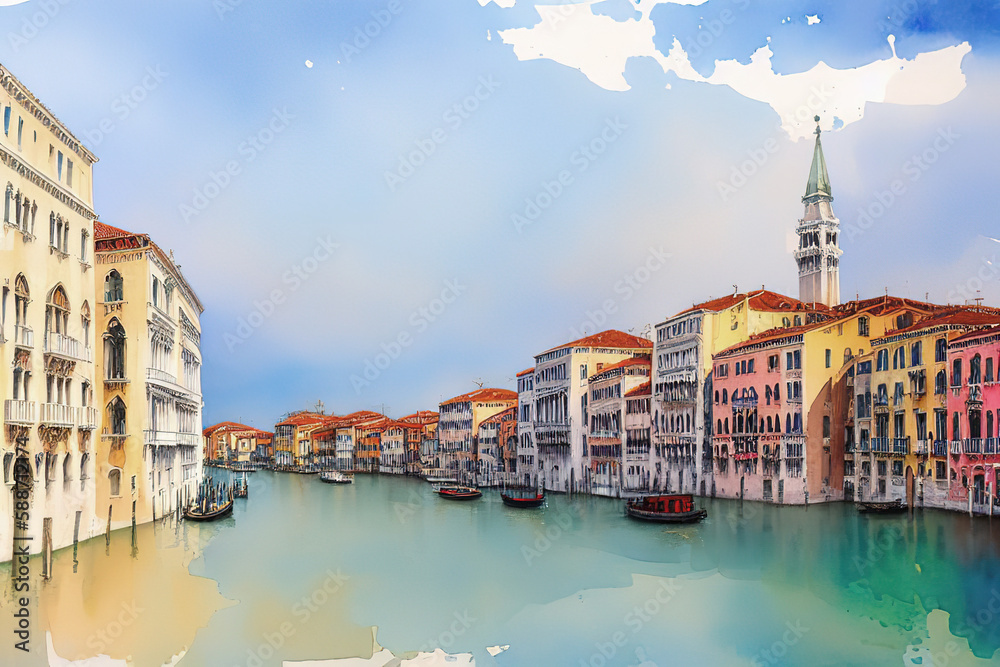 Watercolor postcard Venice, view of grand canal and basilica, Gondolas and San Giorgio Maggiore island, Generative AI.