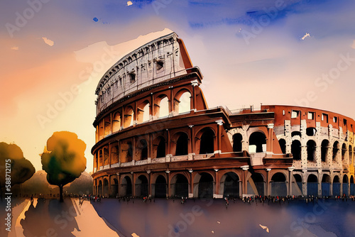 Watercolor postcard with historical part of Rome, Italy. Amphitheater, Colosseum, columns, Generative AI.